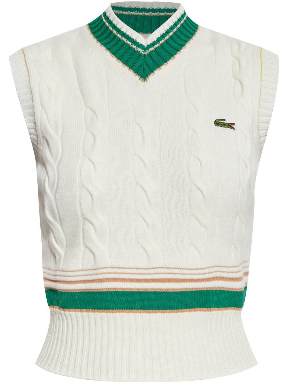 NWOT Lacoste Womens White Cable Knit V-Neck Sweater Vest with Green Trim Size XS